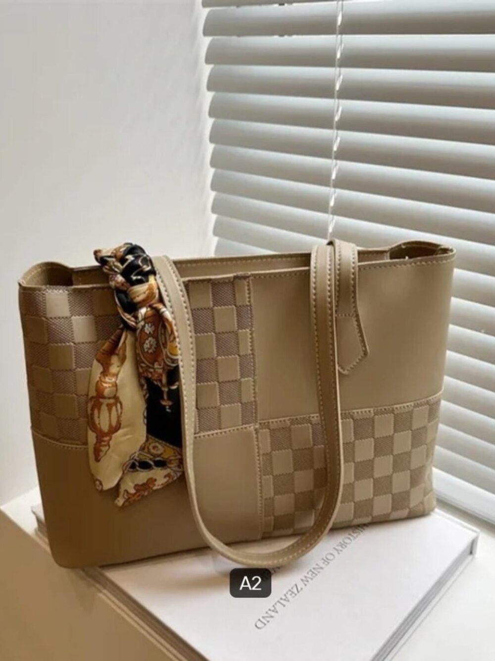 Shoulder Bag With Ribbon Fashion Plaid Pattern Tote Bag Popular PU Leather